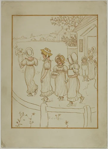 Girls Going Down a Lane by Kate Greenaway, drawing, 1866-1901