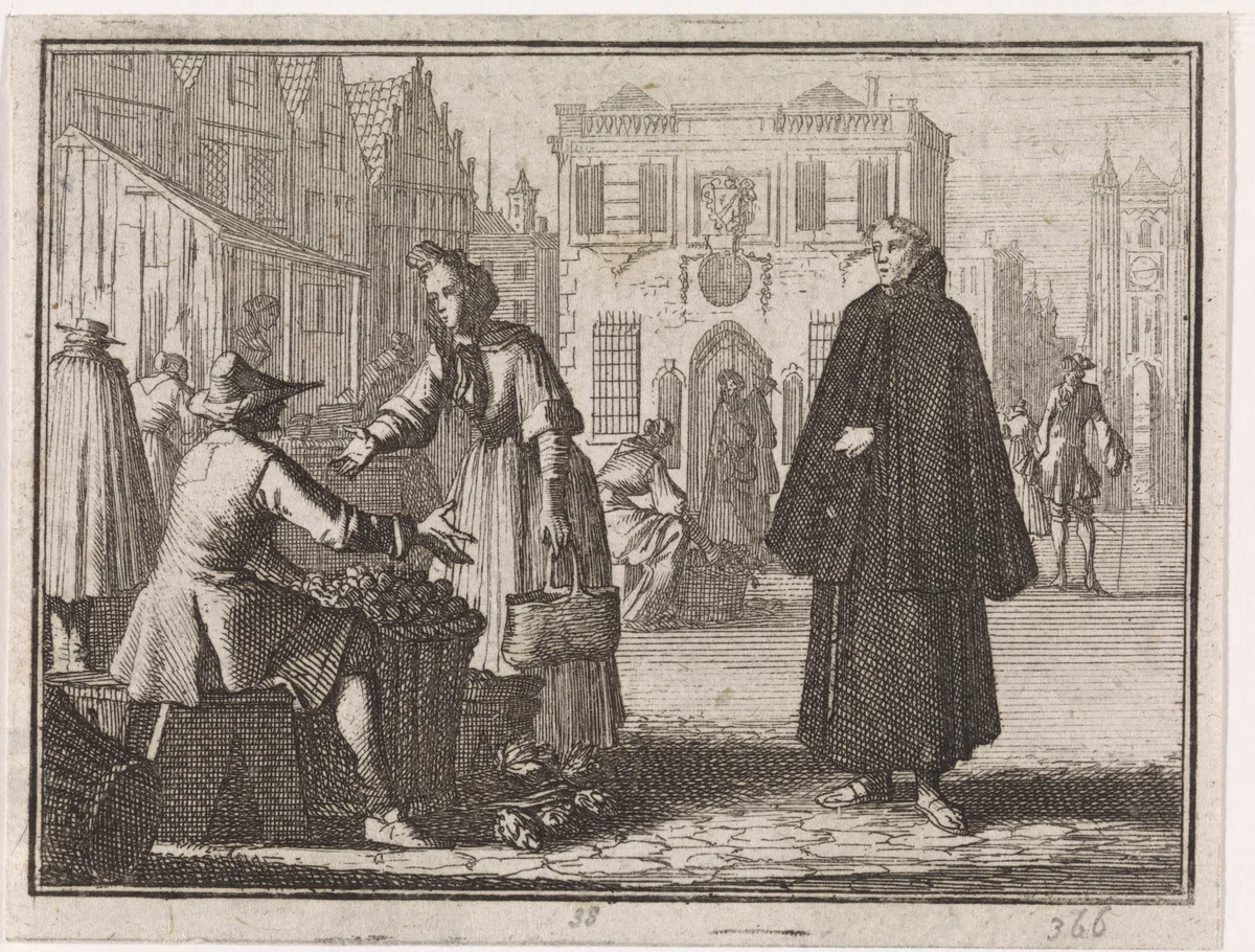 Franciscus a Jesu verkoopt vruchten op een markt by Caspar Luyken, print, 1704