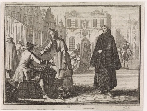 Franciscus a Jesu verkoopt vruchten op een markt by Caspar Luyken, print, 1704