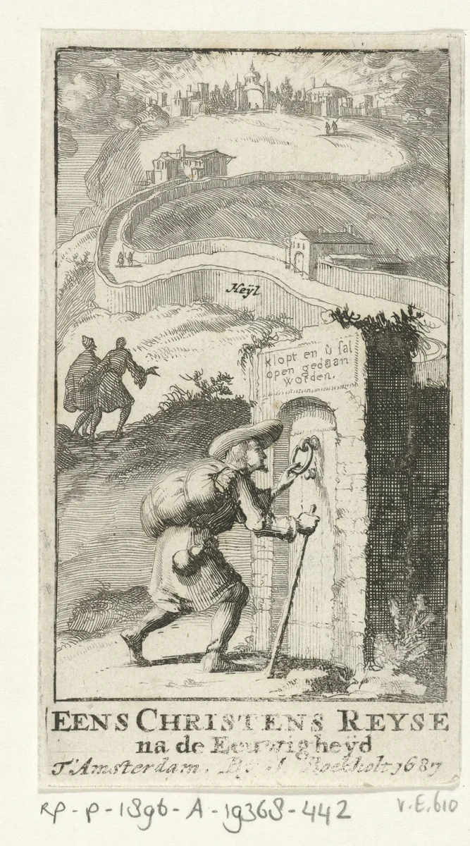 Pelgrim klopt aan bij een poort by Jan Luyken, print, 1687