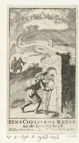 Pelgrim klopt aan bij een poort by Jan Luyken, print, 1687