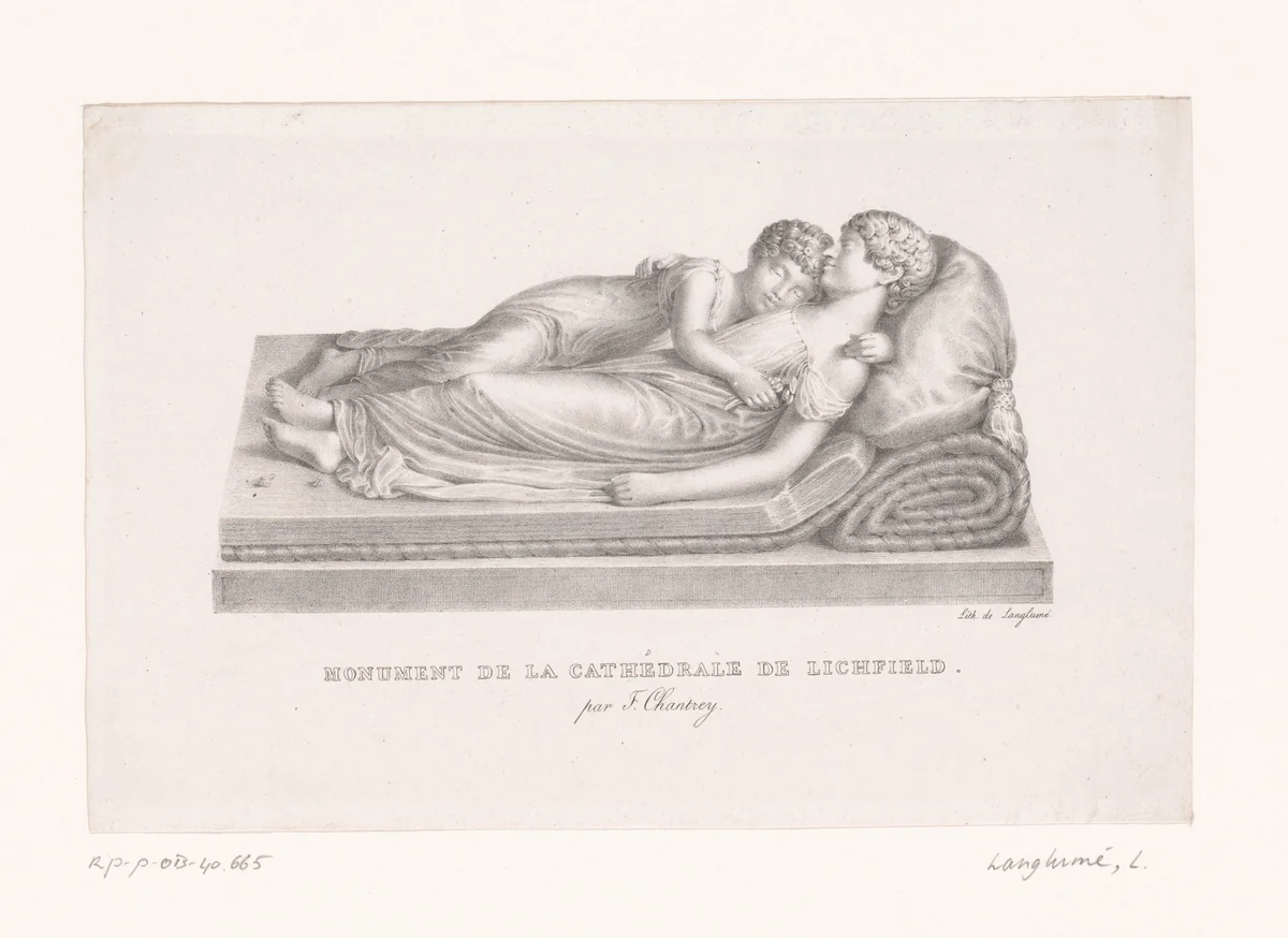 Monument met slapende kinderen uit de kathedraal van Lichfield by anonymous, print, 1820-1830