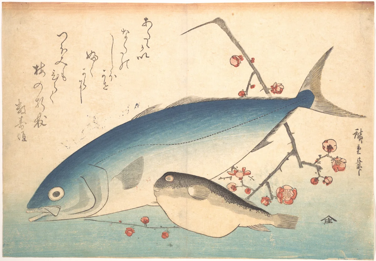 Fugu and Inada Fish, from the series Uozukushi (Every Variety of Fish) by Utagawa Hiroshige (歌川広重), print, 1840-1849