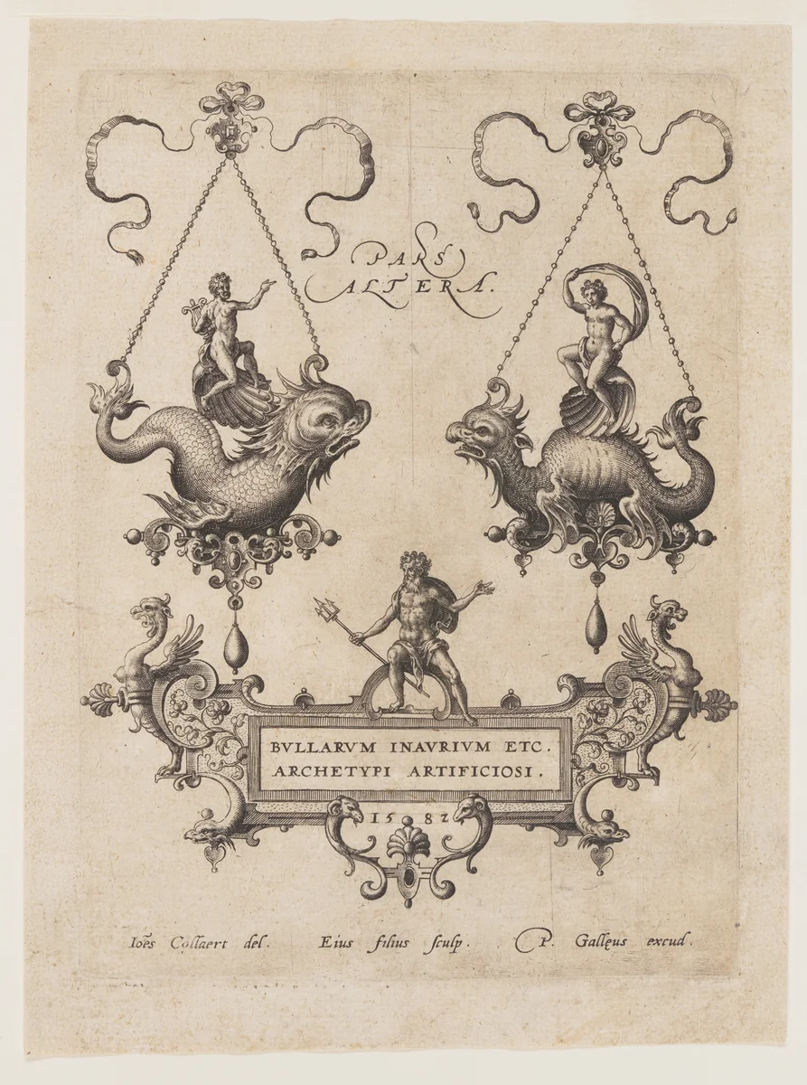 Designs for Pendants with Sea Monsters by Adriaen Collaert, print, 1582
