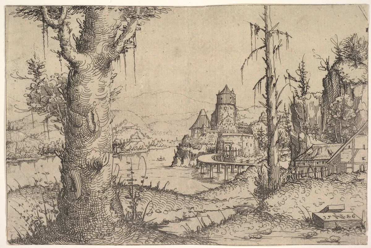 River Landscape with Large Tree at Left by Augustin Hirschvogel, print, 1546
