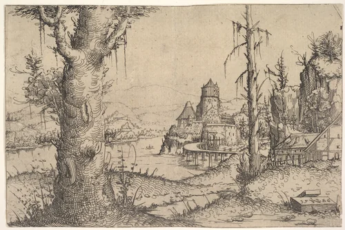 River Landscape with Large Tree at Left by Augustin Hirschvogel, print, 1546