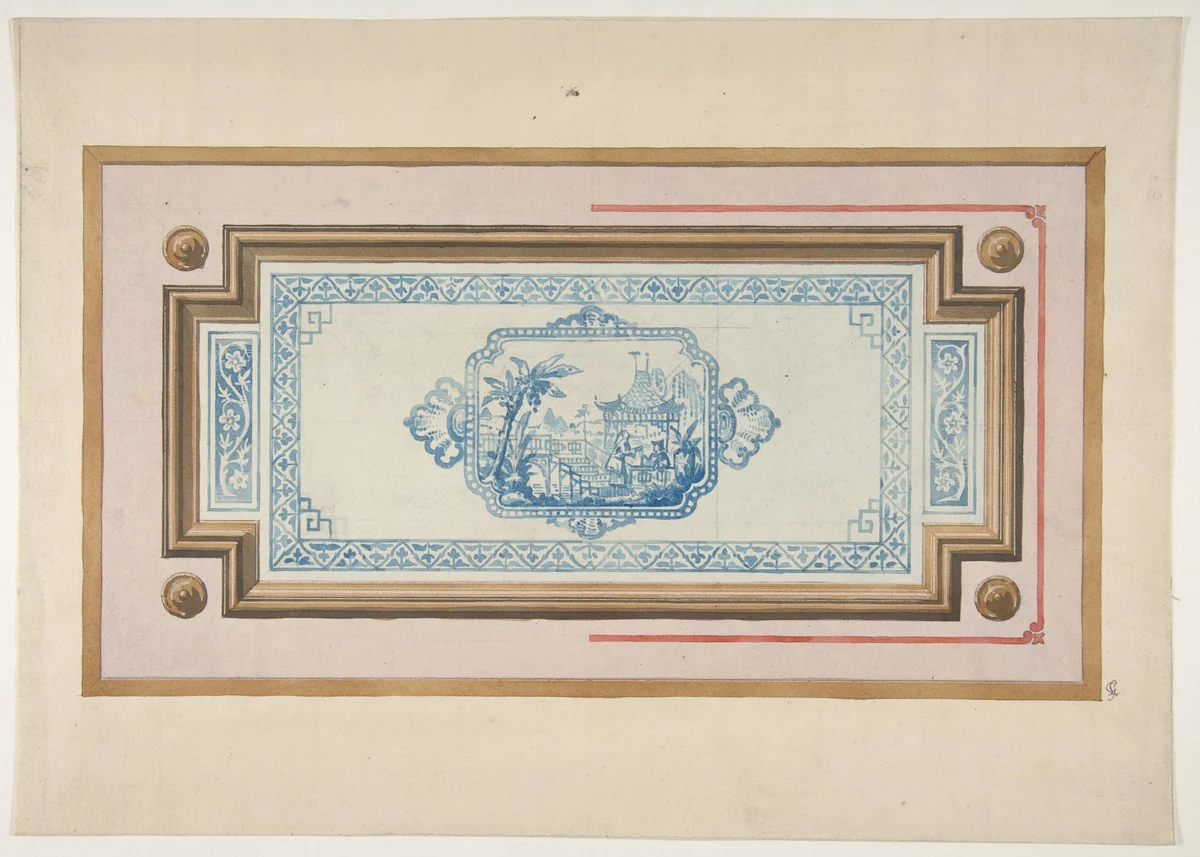 Design for the decoration of a ceiling with a Chinese blue and white design by Jules-Edmond-Charles Lachaise, drawing, 1830-1897