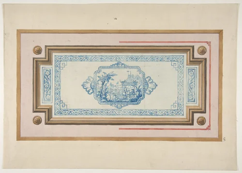 Design for the decoration of a ceiling with a Chinese blue and white design by Jules-Edmond-Charles Lachaise, drawing, 1830-1897