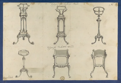 Designs for Basin Stands and Teakettle Stands, in Chippendale Drawings, Vol. I by Thomas Chippendale, drawing, 1761