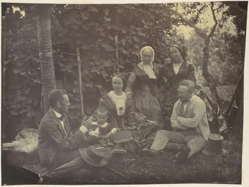 [Three Women,Two Men, and a Child on a Picnic] by Franz Antoine, photograph, 1850-1869