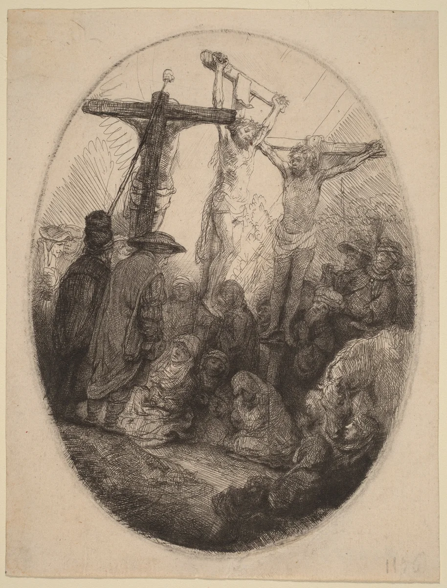 Christ Crucified between the Two Thieves: an Oval Plate by Rembrandt van Rijn, print, 1641