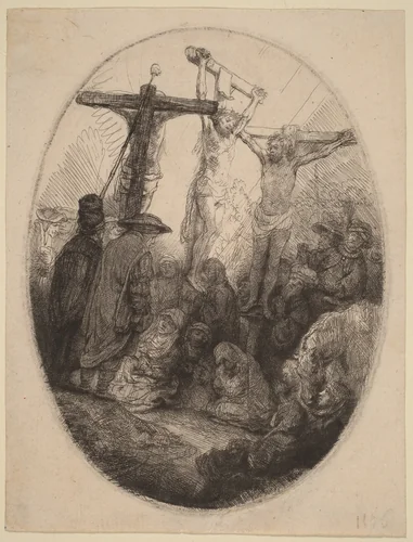 Christ Crucified between the Two Thieves: an Oval Plate by Rembrandt van Rijn, print, 1641