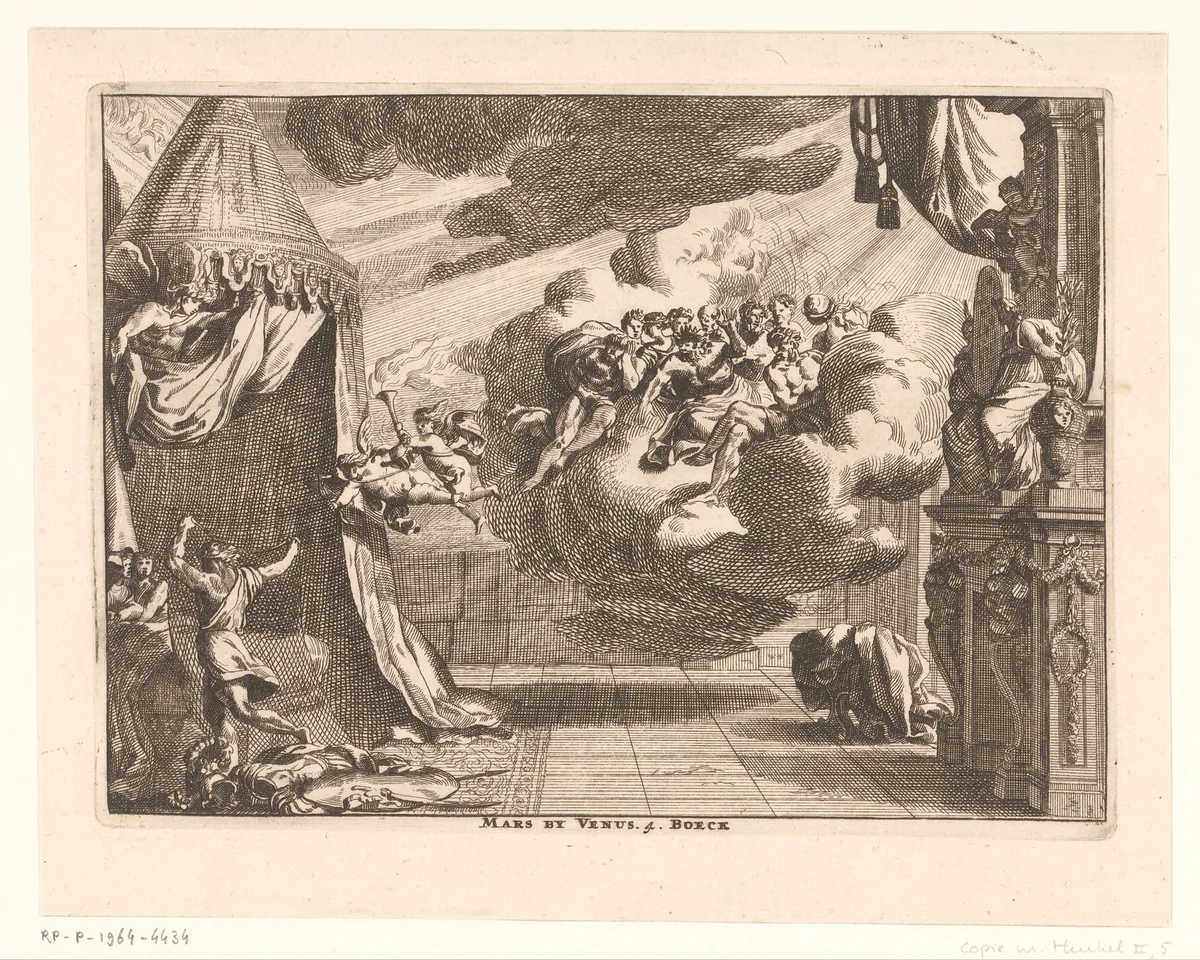Mars en Venus door Vulcanus verrast by anonymous, print, 1628-1682