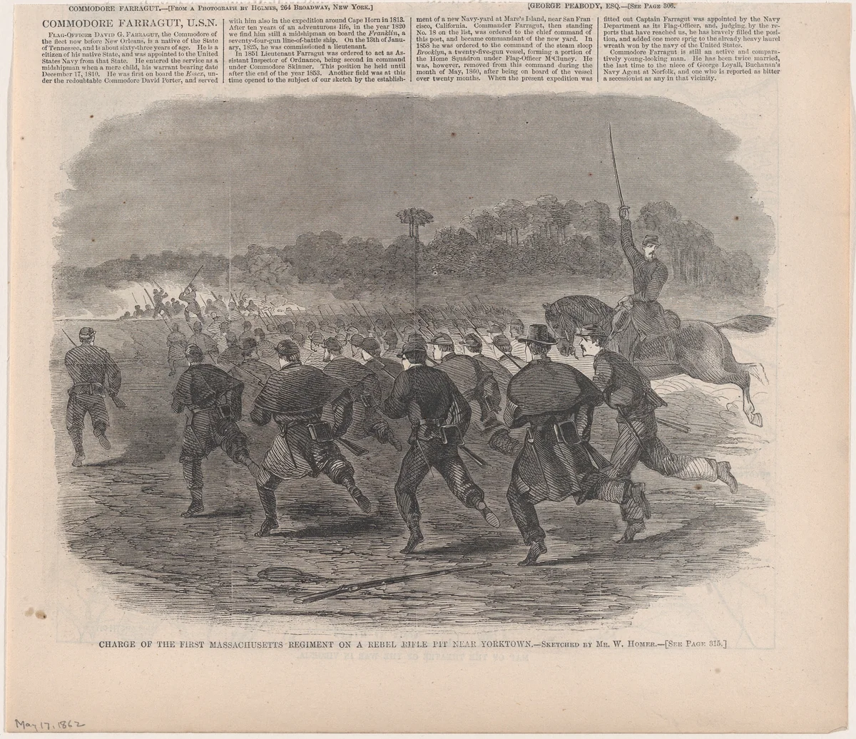 Charge of the First Massachusetts Regiment on a Rebel Rifle Pit Near Yorktown (from "Harper's Weekly," Vol. VI) by Winslow Homer, print, 1862