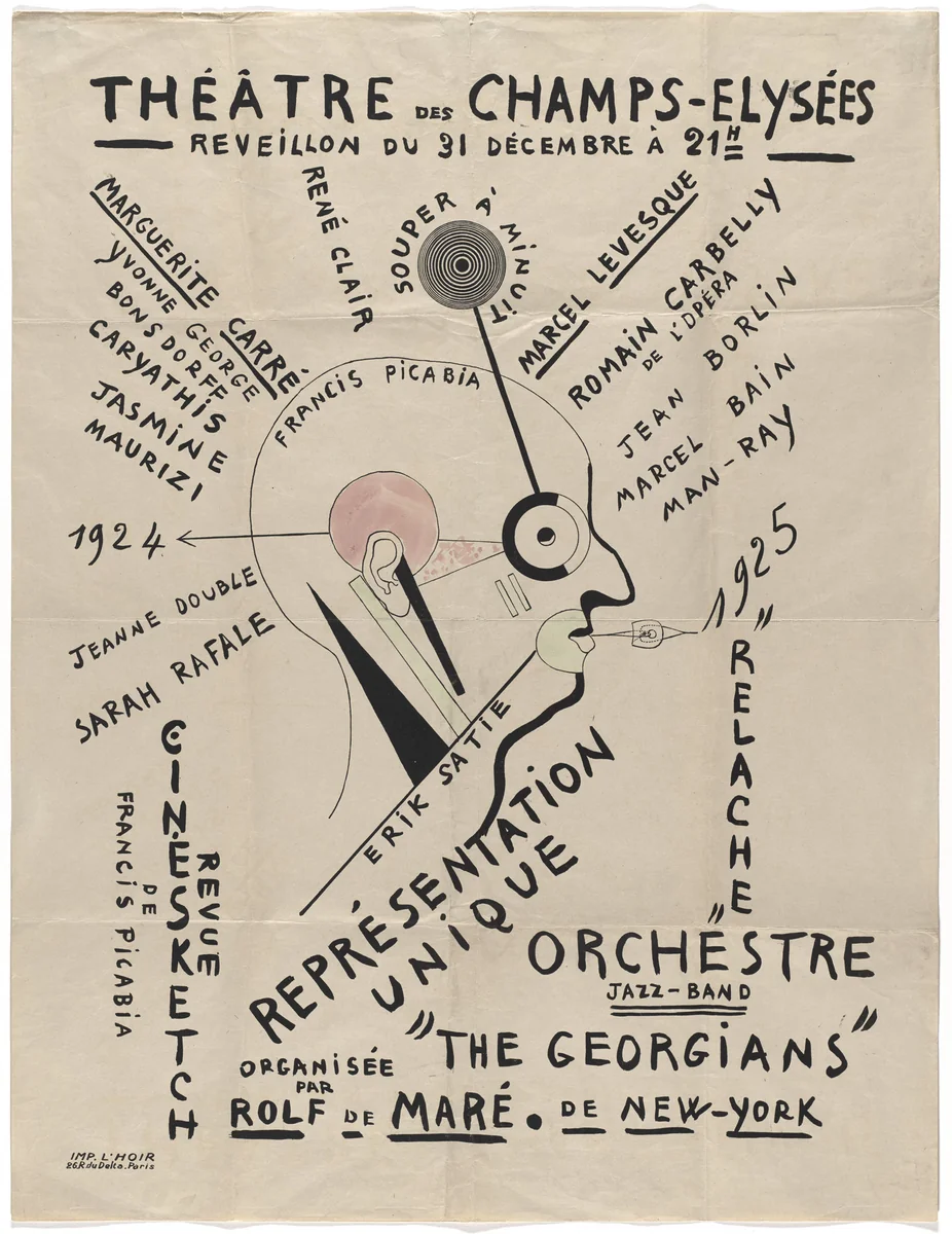 Poster for New Year’s Eve event featuring performances of Relâche and Cinésketch by Ballets Suédois, Théâtre des Champs Elysées, Paris, December 31, 1924 by Francis Picabia, print, 1924