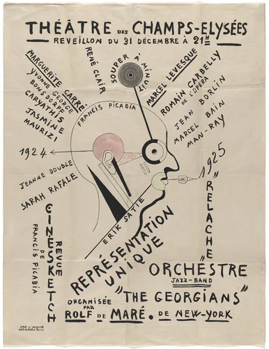 Poster for New Year’s Eve event featuring performances of Relâche and Cinésketch by Ballets Suédois, Théâtre des Champs Elysées, Paris, December 31, 1924 by Francis Picabia, print, 1924