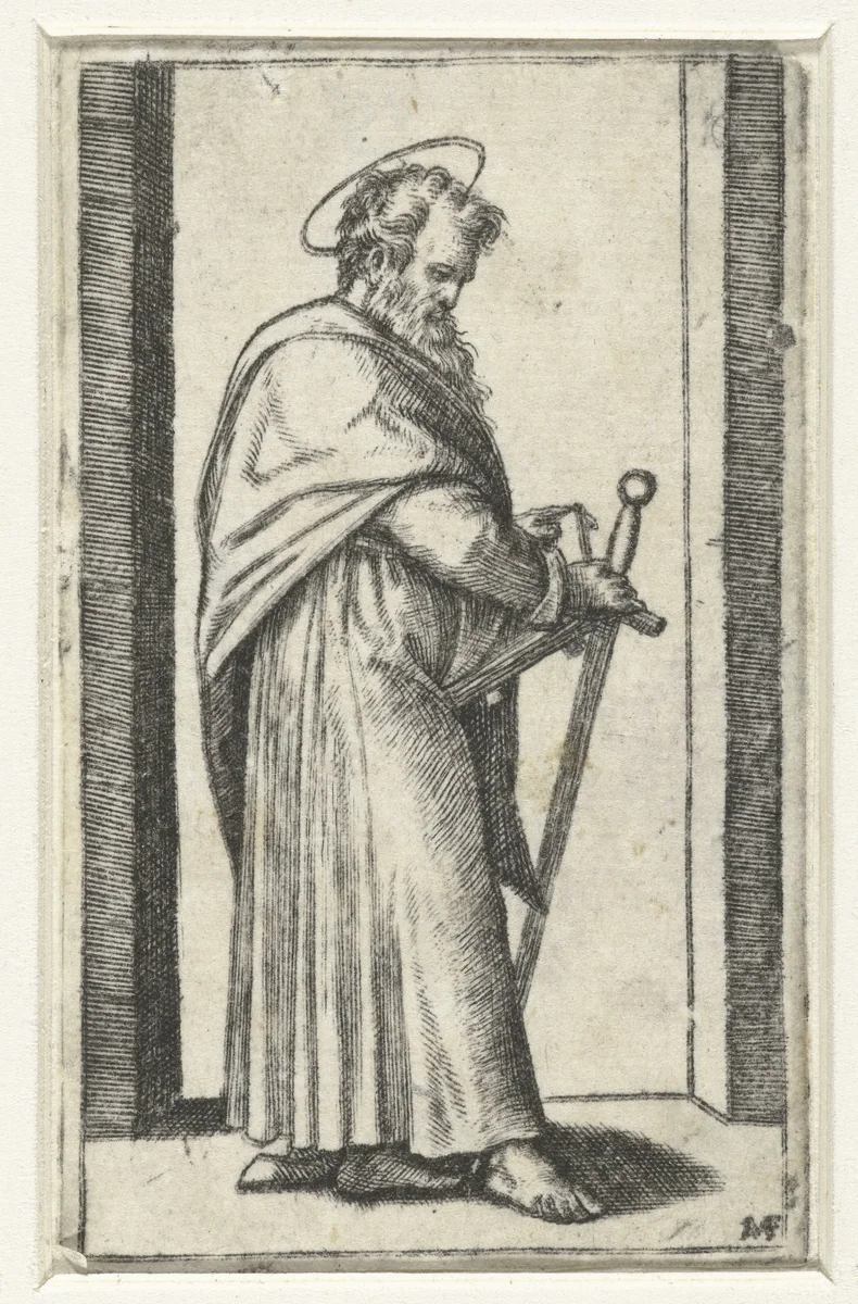 Apostel Paulus met zwaard by Marcantonio Raimondi, print, 1517-1527