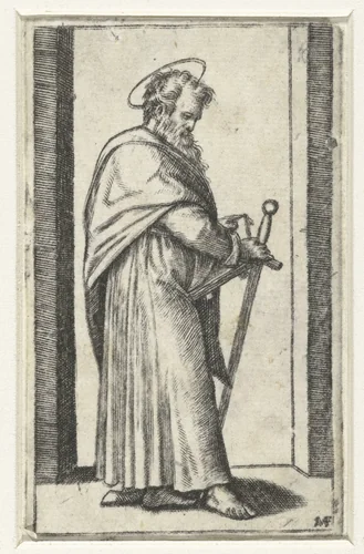 Apostel Paulus met zwaard by Marcantonio Raimondi, print, 1517-1527