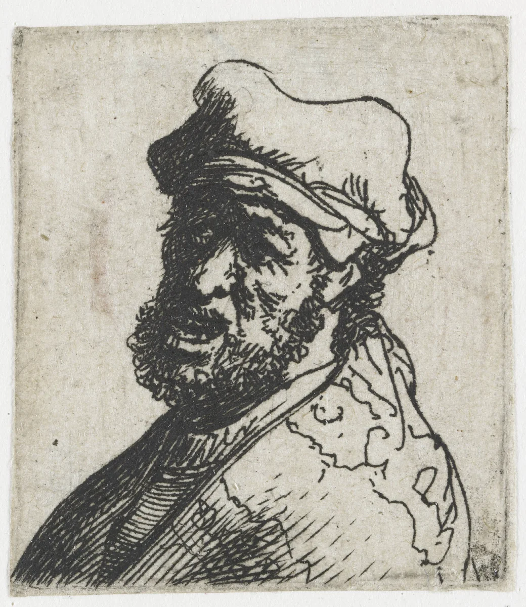 Sheet of studies of men's heads: man crying out, three quarters left: bust by Rembrandt van Rijn, print, 1629