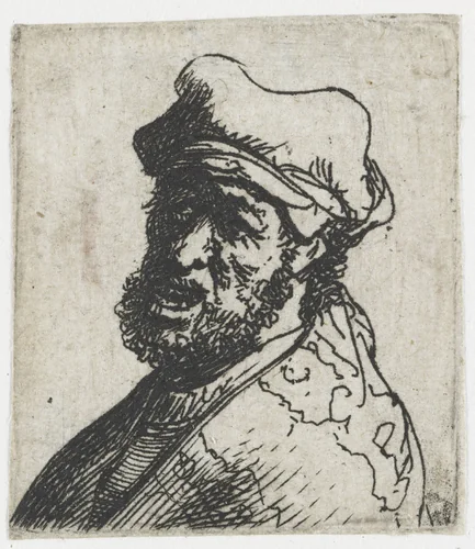 Sheet of studies of men's heads: man crying out, three quarters left: bust by Rembrandt van Rijn, print, 1629
