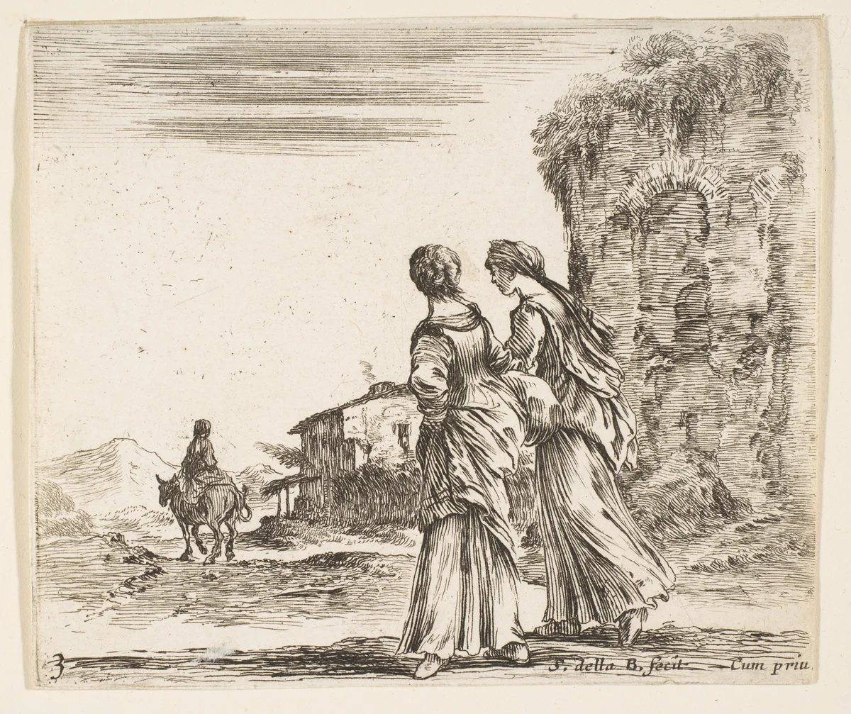 Two girls walking towards the left, seen from behind, a woman on a horse to left in background, plate 3 from "Diversi capricci" by Stefano della Bella, print, 1639-1649