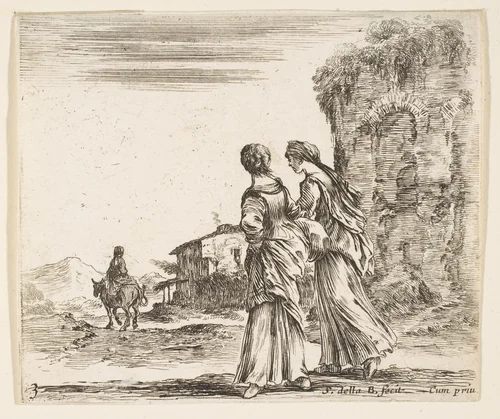 Two girls walking towards the left, seen from behind, a woman on a horse to left in background, plate 3 from "Diversi capricci" by Stefano della Bella, print, 1639-1649