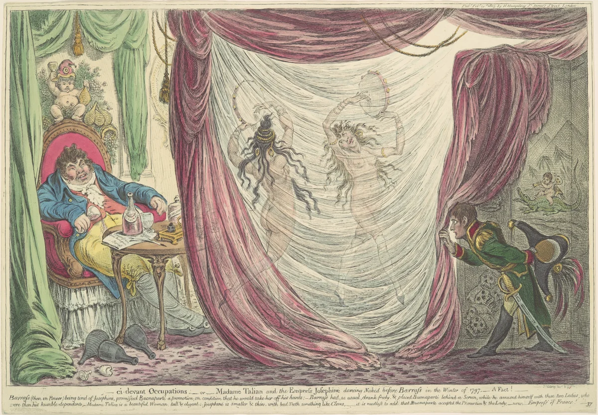 Ci-devant Occupations; or, Madame Talian and the Empress Josephine Dancing Naked before Barrass in the Winter of 1797. - A Fact! by James Gillray, print, 1805