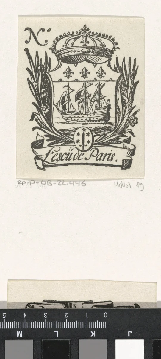 Handelsetiket met de wapens van Parijs en Haarlem by Isaac Vincentsz. van der Vinne, print, 1681-1740