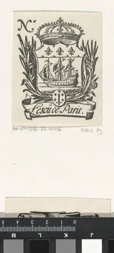 Handelsetiket met de wapens van Parijs en Haarlem by Isaac Vincentsz. van der Vinne, print, 1681-1740