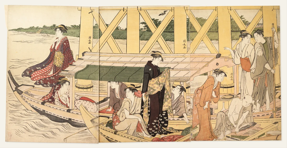 A Boating Party under Azuma Bridge by Torii Kiyonaga (鳥居清長), print, 1775-1795