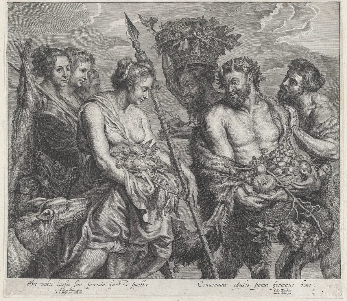 Diana returning from the chase, accompanied by dogs and her nymphs at left, two satyrs at right by Schelte Adams Bolswert, print, 1635-1664