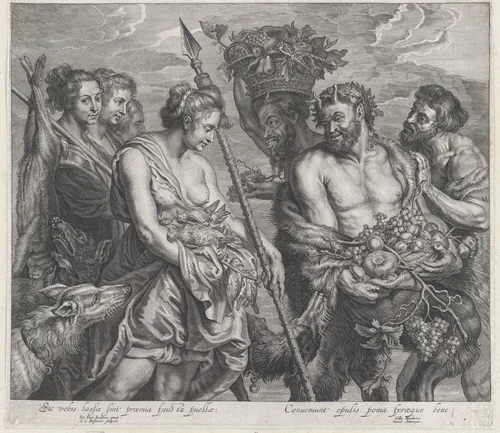Diana returning from the chase, accompanied by dogs and her nymphs at left, two satyrs at right by Schelte Adams Bolswert, print, 1635-1664