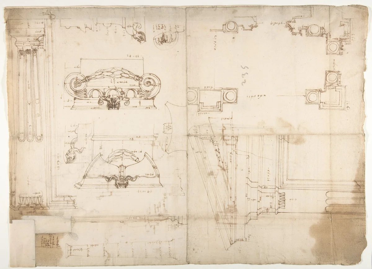 Palazzo dei Conservatori, portico, plan; portal, elevation; details, elevations (recto) Palazzo dei Conservatori, portico, elevation; details, profiles (verso) by anonymous, drawing, 1500-1560
