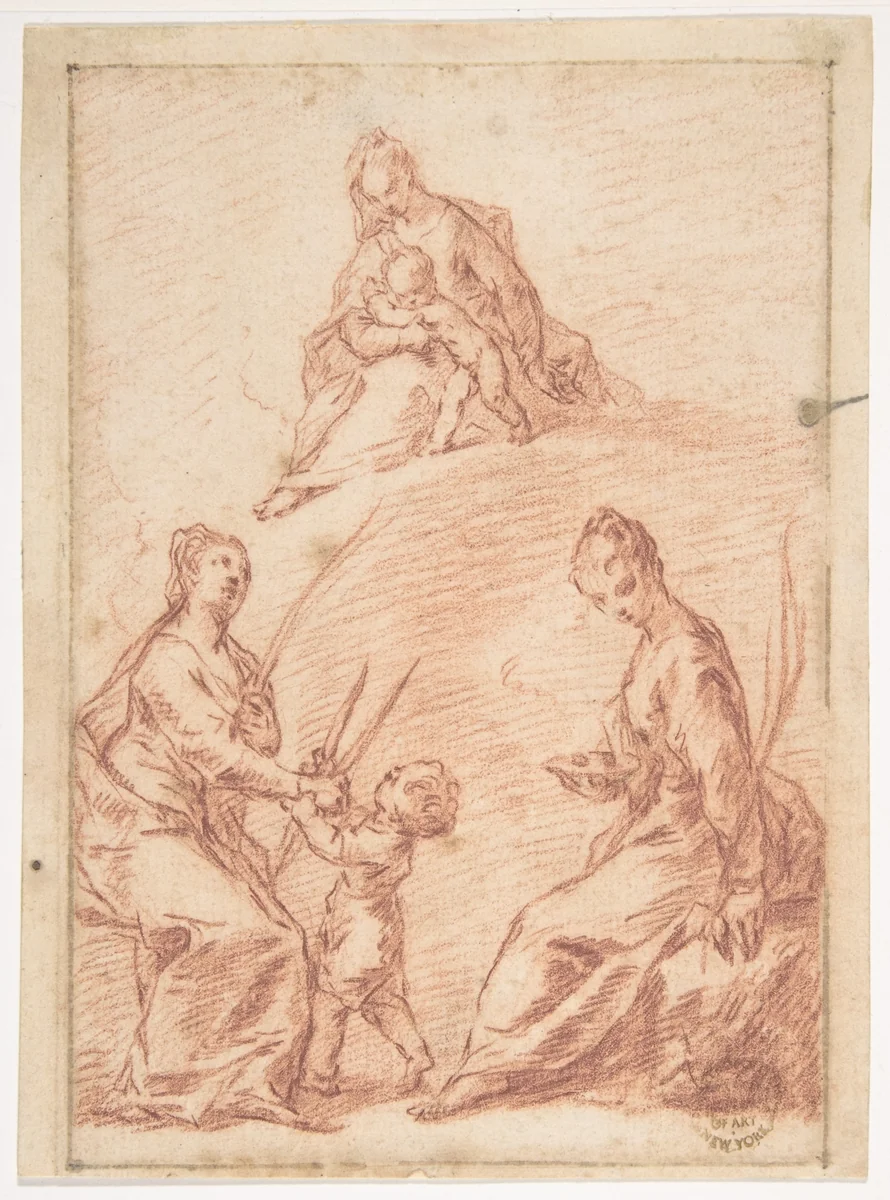 The Virgin and Child Appearing to Saint Agatha and Saint Lucy by Nicola Grassi, drawing, 1682-1750