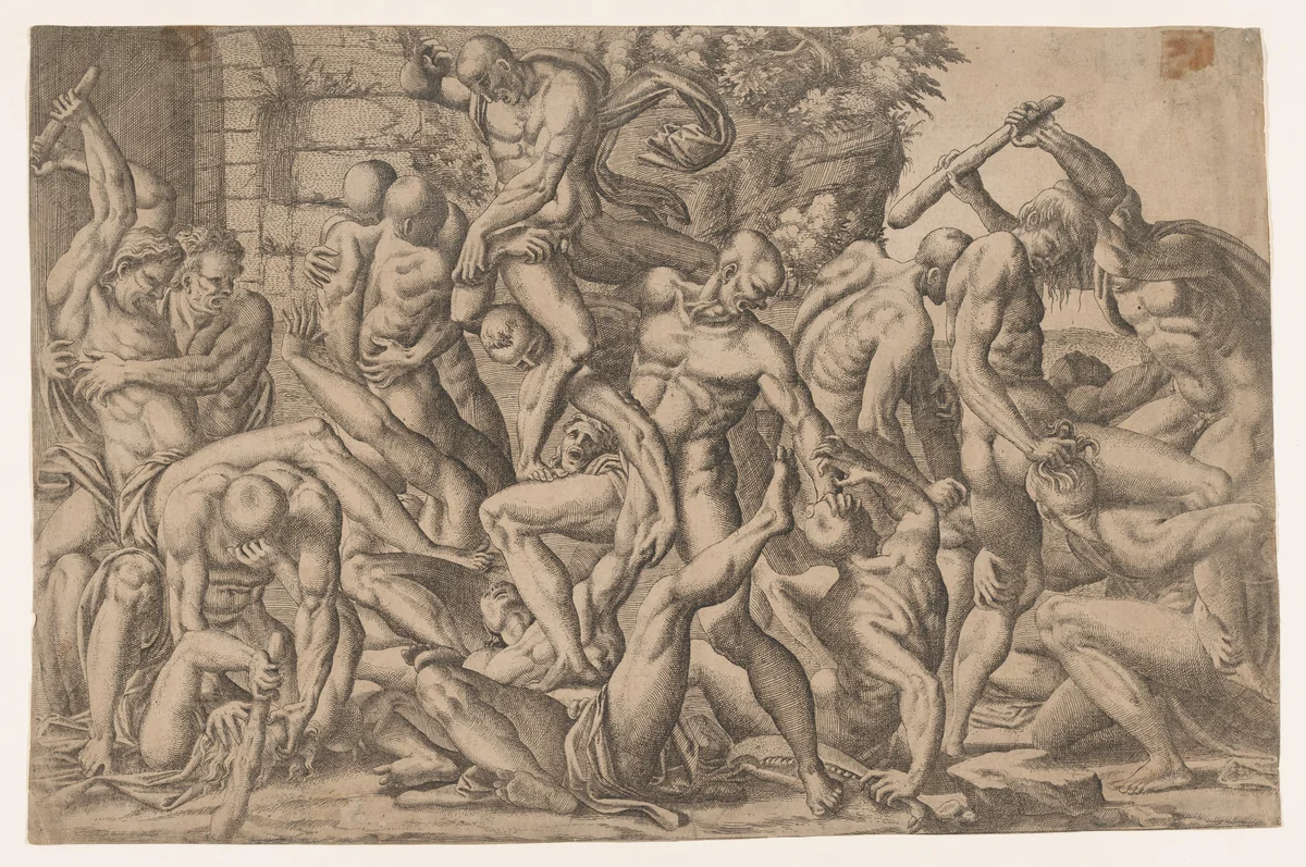 Combat of Naked Men by Jean Mignon, print, 1535-1555