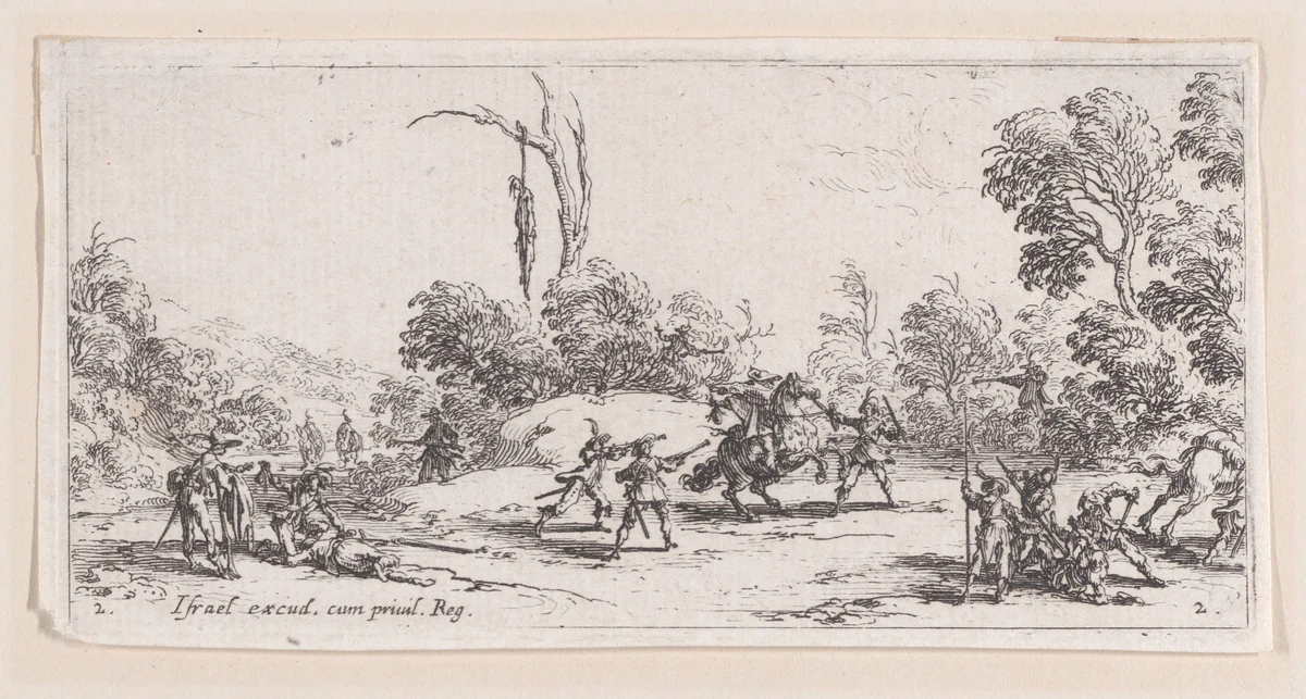 L'Attaque sur la Route estampe appelée aussi Vol Sur Les Grands Chemins (Attack on Route, also called Theft on the Great Road), plate 2 from "Les Petites Misères de la Guerre" (The Little Miseries of War) by Jacques Callot, print, 1636
