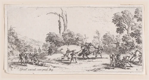 L'Attaque sur la Route estampe appelée aussi Vol Sur Les Grands Chemins (Attack on Route, also called Theft on the Great Road), plate 2 from "Les Petites Misères de la Guerre" (The Little Miseries of War) by Jacques Callot, print, 1636
