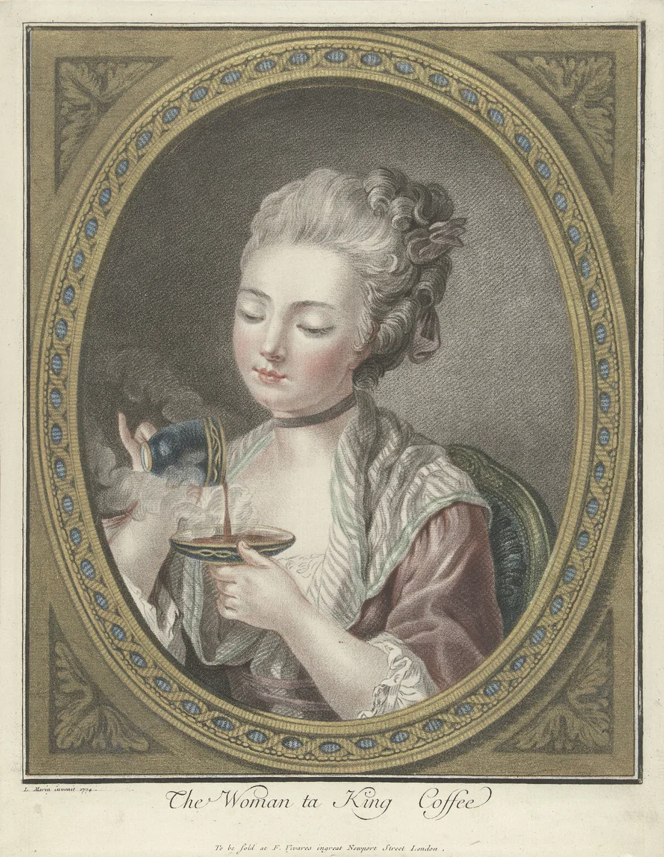 Buste van een jonge vrouw die koffie drinkt by Louis Marin Bonnet, print, 1774