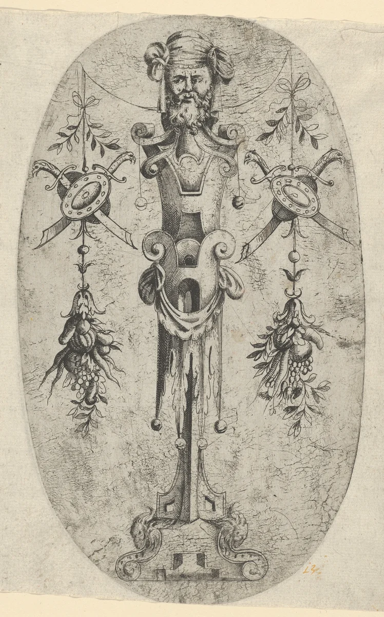 Male Terminal Figure; Head with Beard and Turban on a Three- Quarter Strapwork Pedestal by Jean Mignon, print, 1538-1548