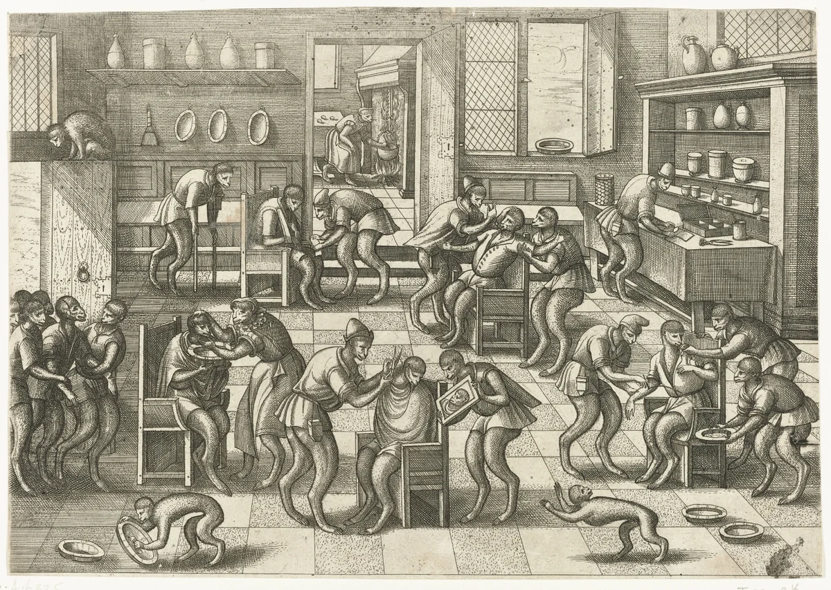 Barbiers- en chirurgijnswinkel by Pieter van der Borcht, print, 1557-1608
