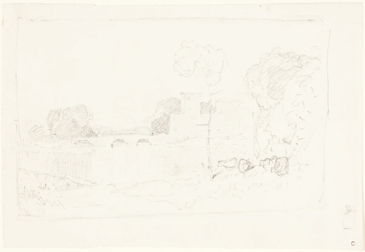 Landscape Sketch with Bridge and Castle by John Sell Cotman, drawing, 1782-1842