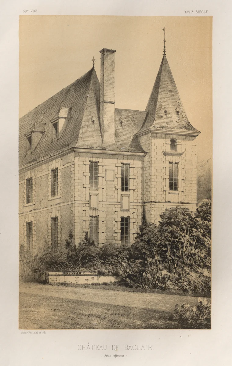 Architecture Pittoresque ou Monuments des XVeme. Et XVIeme. Siecles: Chateaux de France des XV et XVI Siecles: Pl. 59, Château De Baclair (Seine inférieure) by Victor Petit, print, 1860