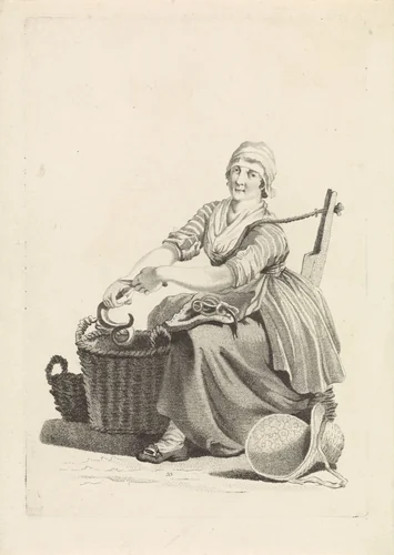 Visvrouw zittend bij een mand met paling by Mathias de Sallieth, print, 1772-1791