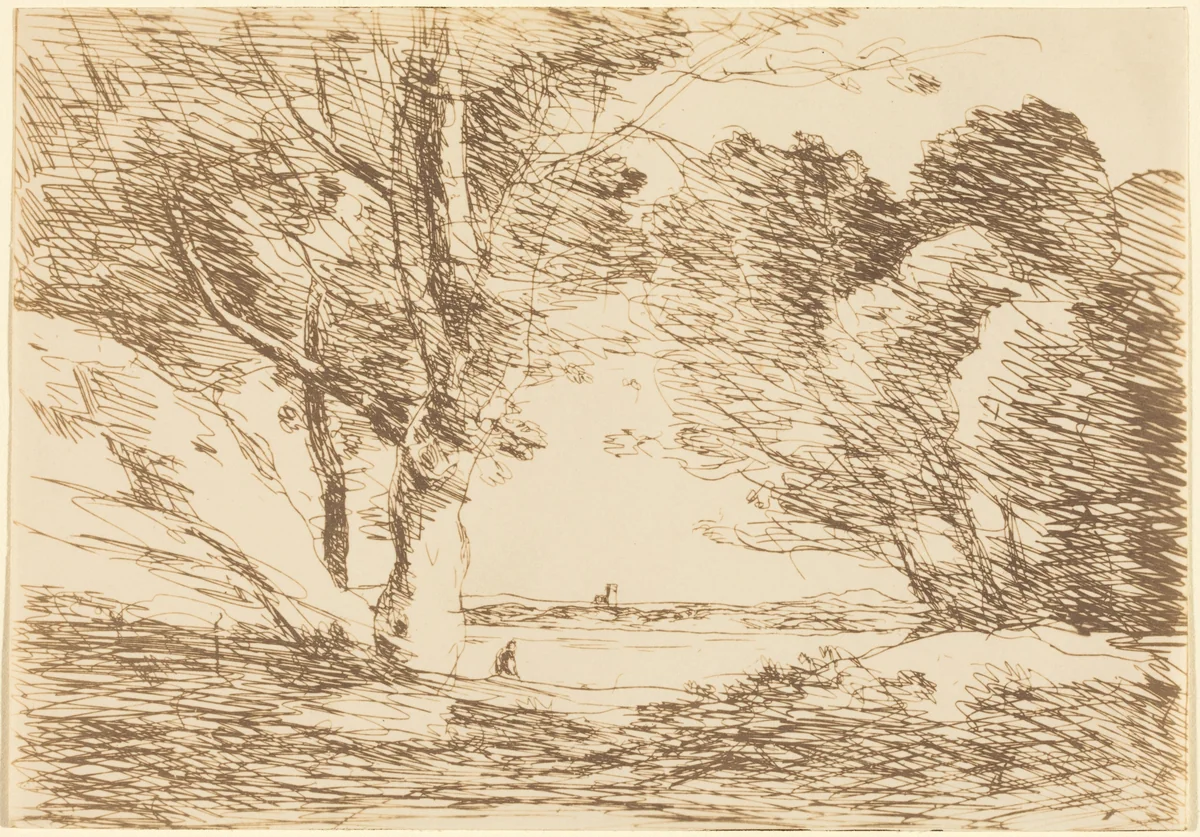 Tower on the Horizon of a Lake (Tour a l'horizon d'un lac) by Jean-Baptiste-Camille Corot, print, 1871