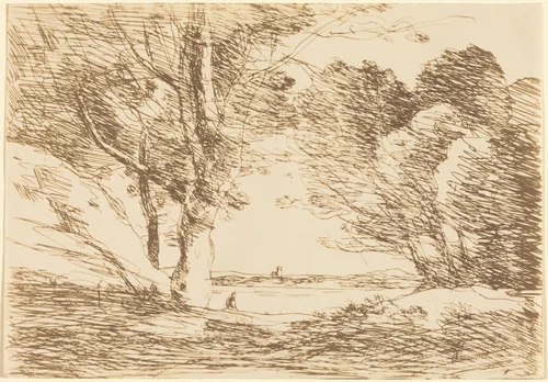 Tower on the Horizon of a Lake (Tour a l'horizon d'un lac) by Jean-Baptiste-Camille Corot, print, 1871