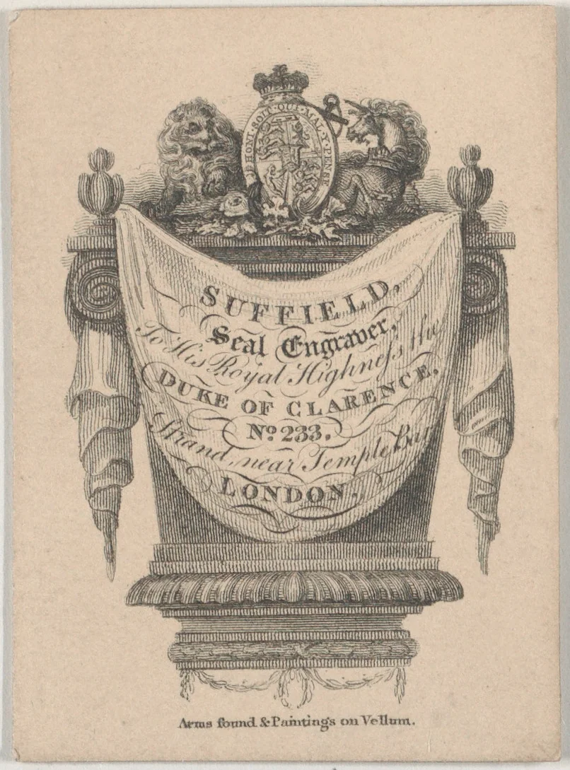 Trade Card for Suffield, seal engraver by anonymous, print, 1775-1825
