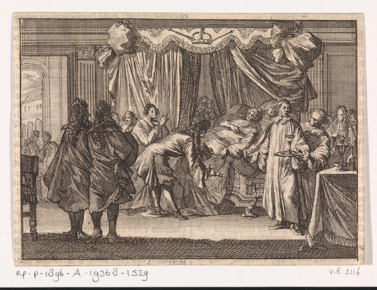 Sterfbed van koning Karel II van Engeland, 1685 by Caspar Luyken, print, 1698