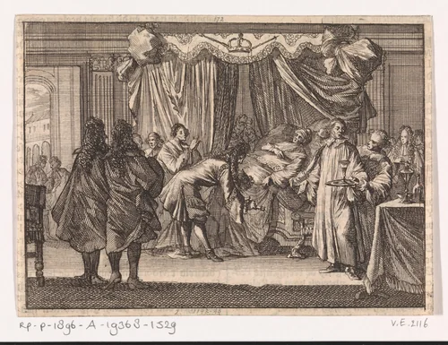 Sterfbed van koning Karel II van Engeland, 1685 by Caspar Luyken, print, 1698