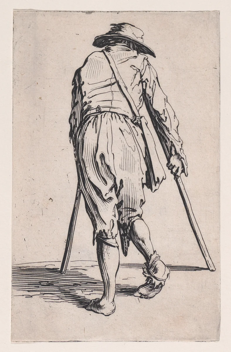 Le Mendiant aux Béquilles Coiffé d'un Chapeau et Vu de Dos (The Beggar with Crutches and a Hat Viewed from Behind), from "Les Gueux suite appelée aussi Les Mendiants, Les Baroni, ou Les Barons" (The Beggars, also called the Barons) by Jacques Callot, print, 1618-1628
