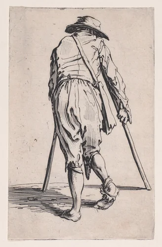 Le Mendiant aux Béquilles Coiffé d'un Chapeau et Vu de Dos (The Beggar with Crutches and a Hat Viewed from Behind), from "Les Gueux suite appelée aussi Les Mendiants, Les Baroni, ou Les Barons" (The Beggars, also called the Barons) by Jacques Callot, print, 1618-1628
